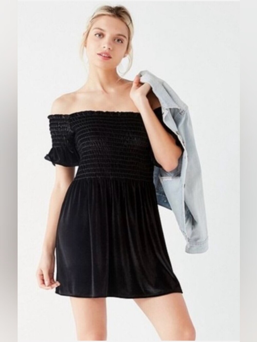 Urban Outfitters Smocked Velvet Mini Dress Size XS Black Coquette Whimsigoth